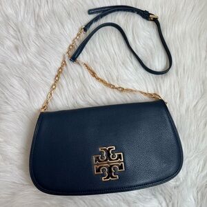 Tory Burch navy blue Britten leather clutch crossbody chain bag